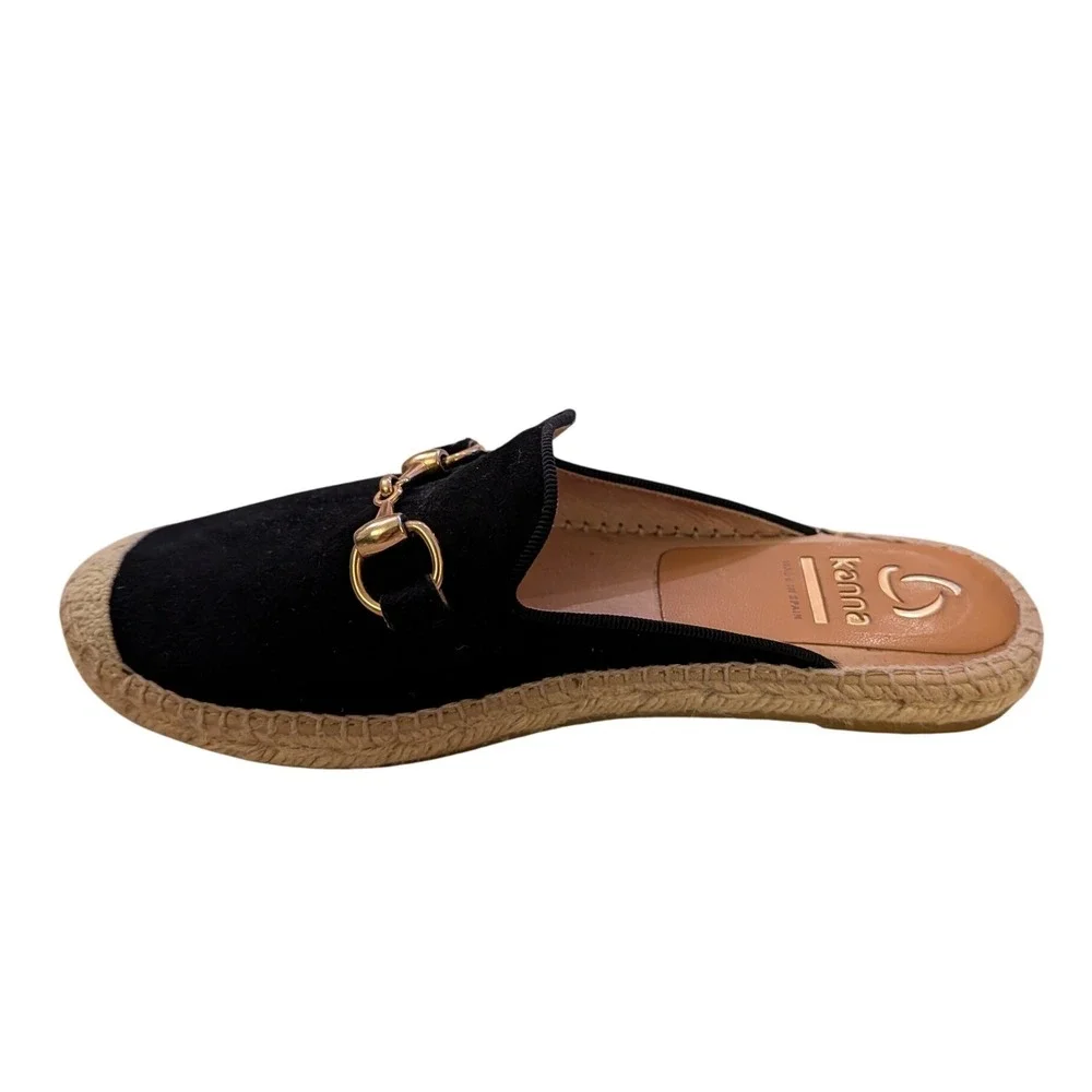 Kanna Women's Dora Black Suede Espadrille Mules‎ Horsebit Buckle- Size 7.5